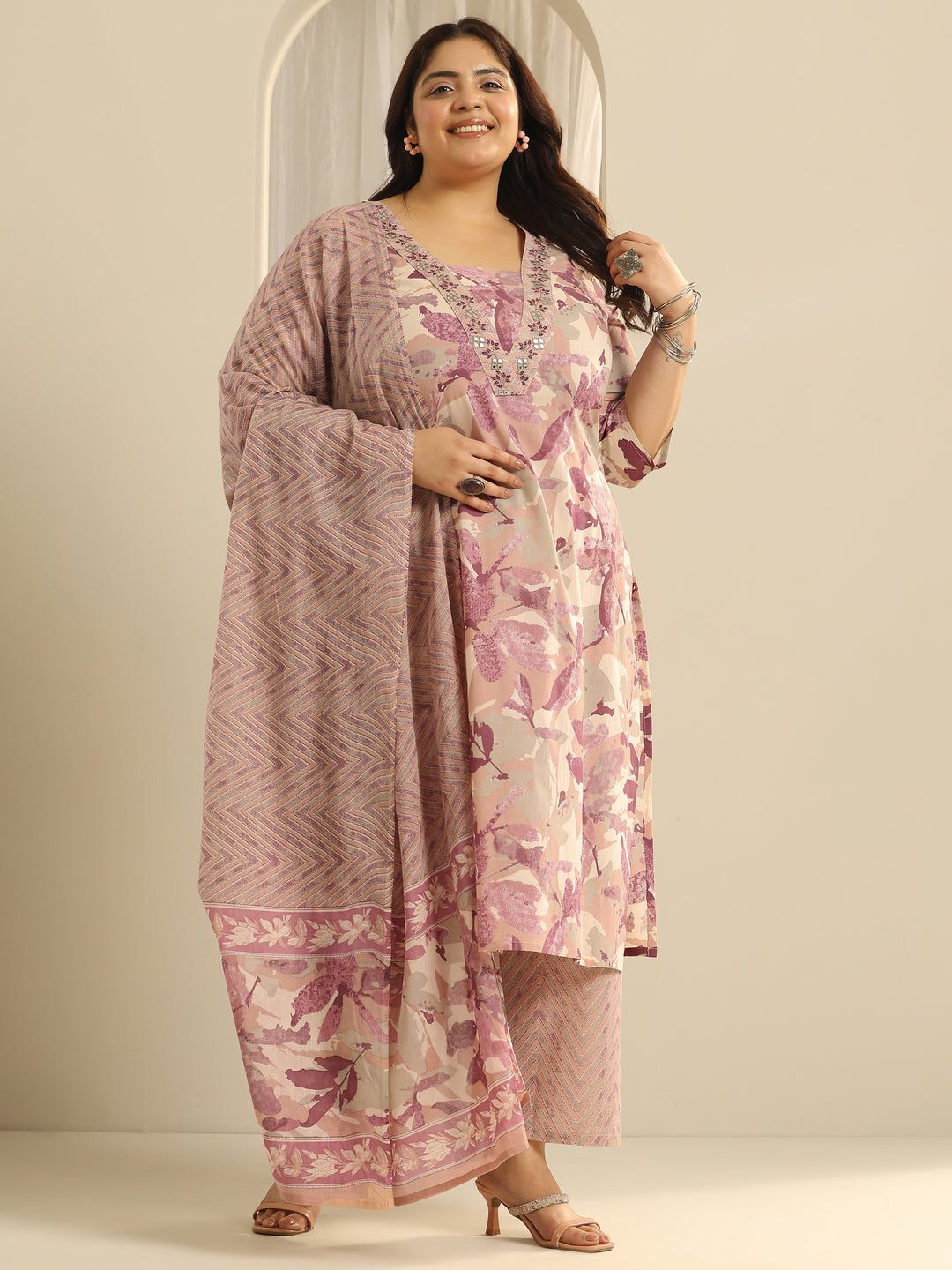 Plus Size Off White Floral Printed Cotton Straight Suit Set With Dupatta
