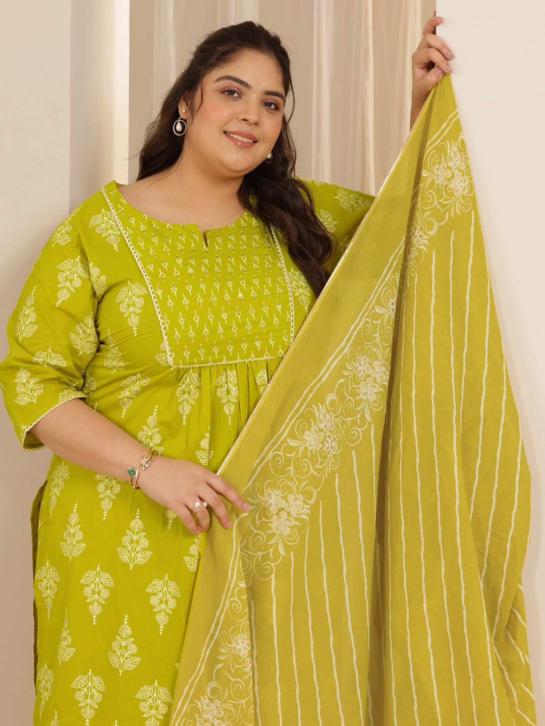 Plus Size Green Printed Cotton Straight Suit Set With Dupatta