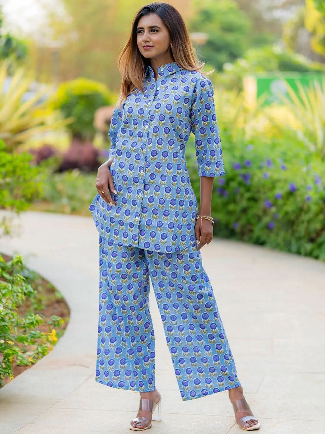 Blue Printed Cotton Night Suit - Libas