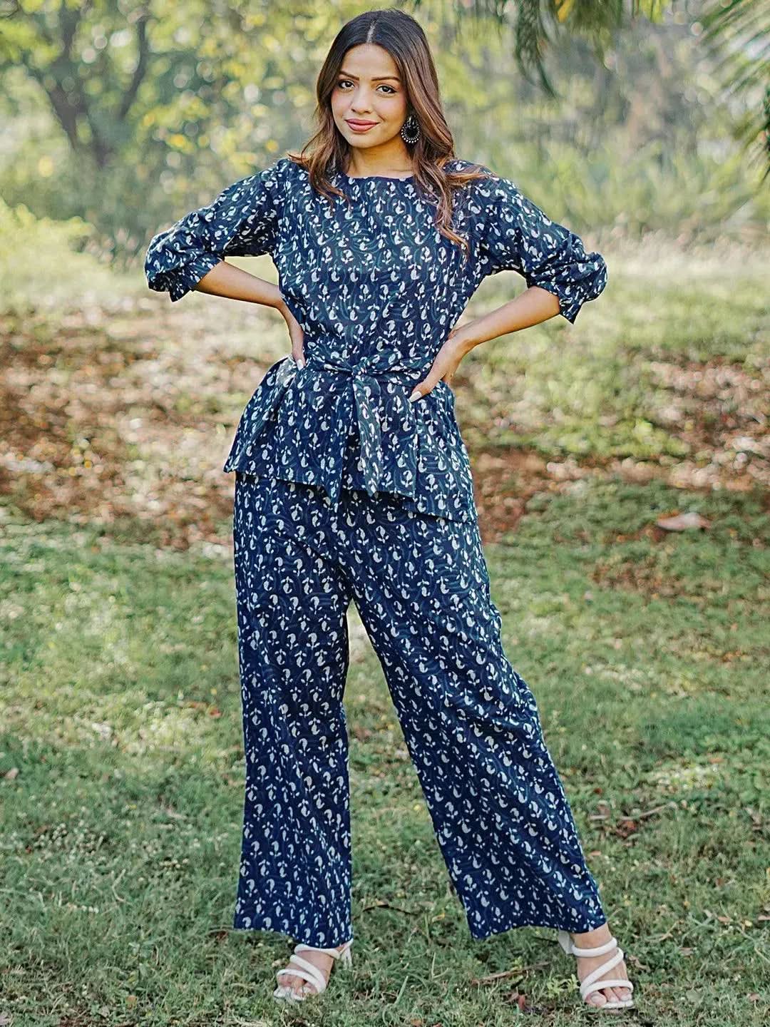 Blue Printed Cotton Night Suit - Libas