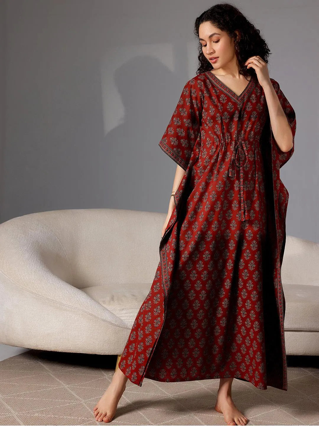 Buy Maroon Printed Cotton Kaftan Night Dress Online at Rs.549