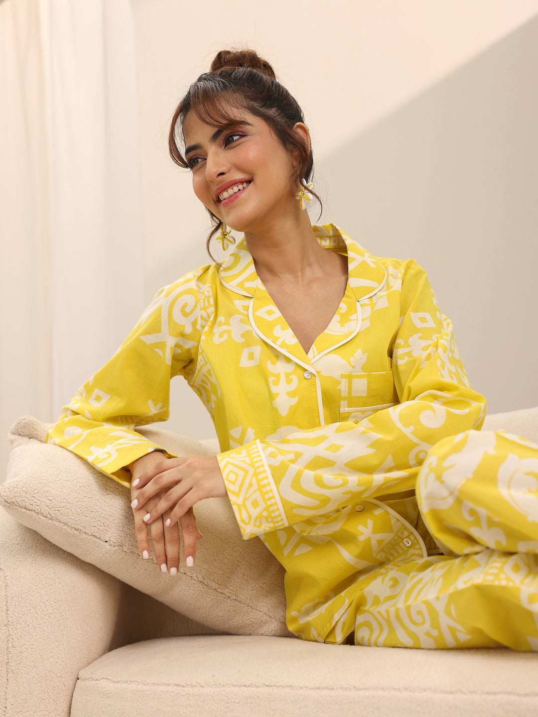 Yellow Printed Cotton Night Suits