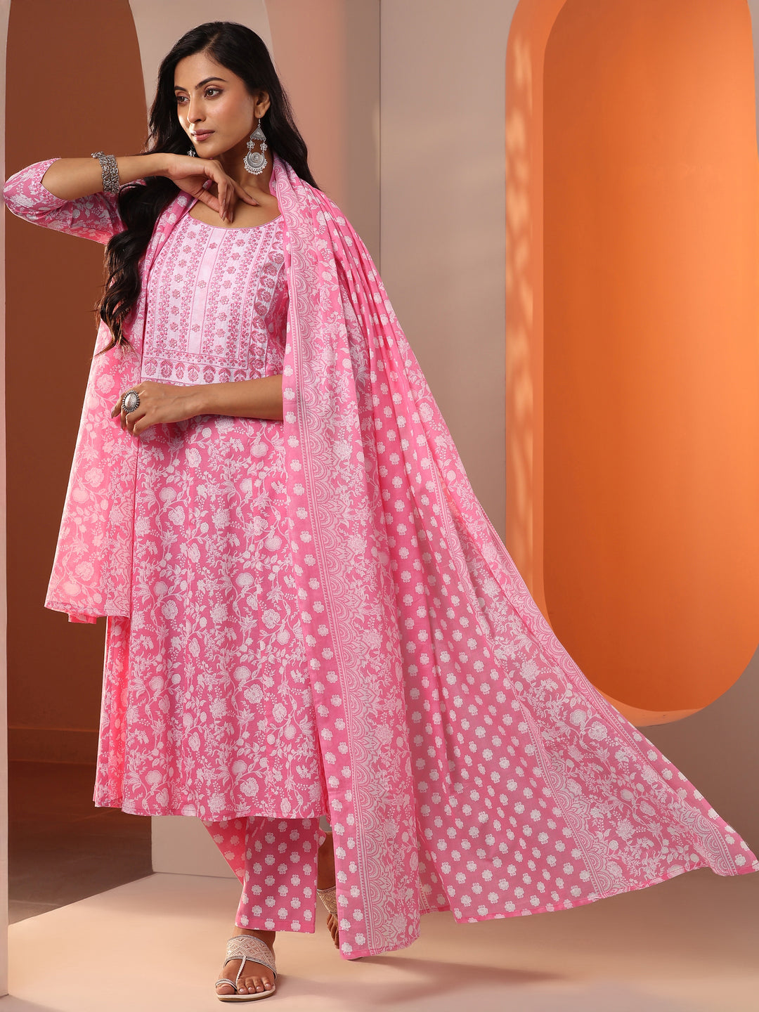 Pink Printed Cotton Anarkali Suit Set With Dupatta