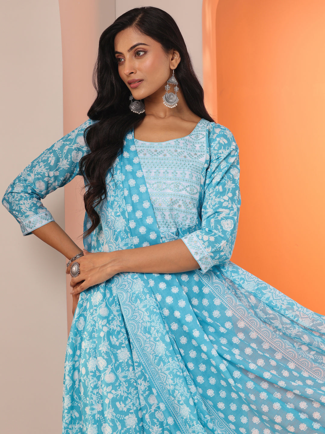 Blue Printed Cotton Straight Suit Set With Dupatta