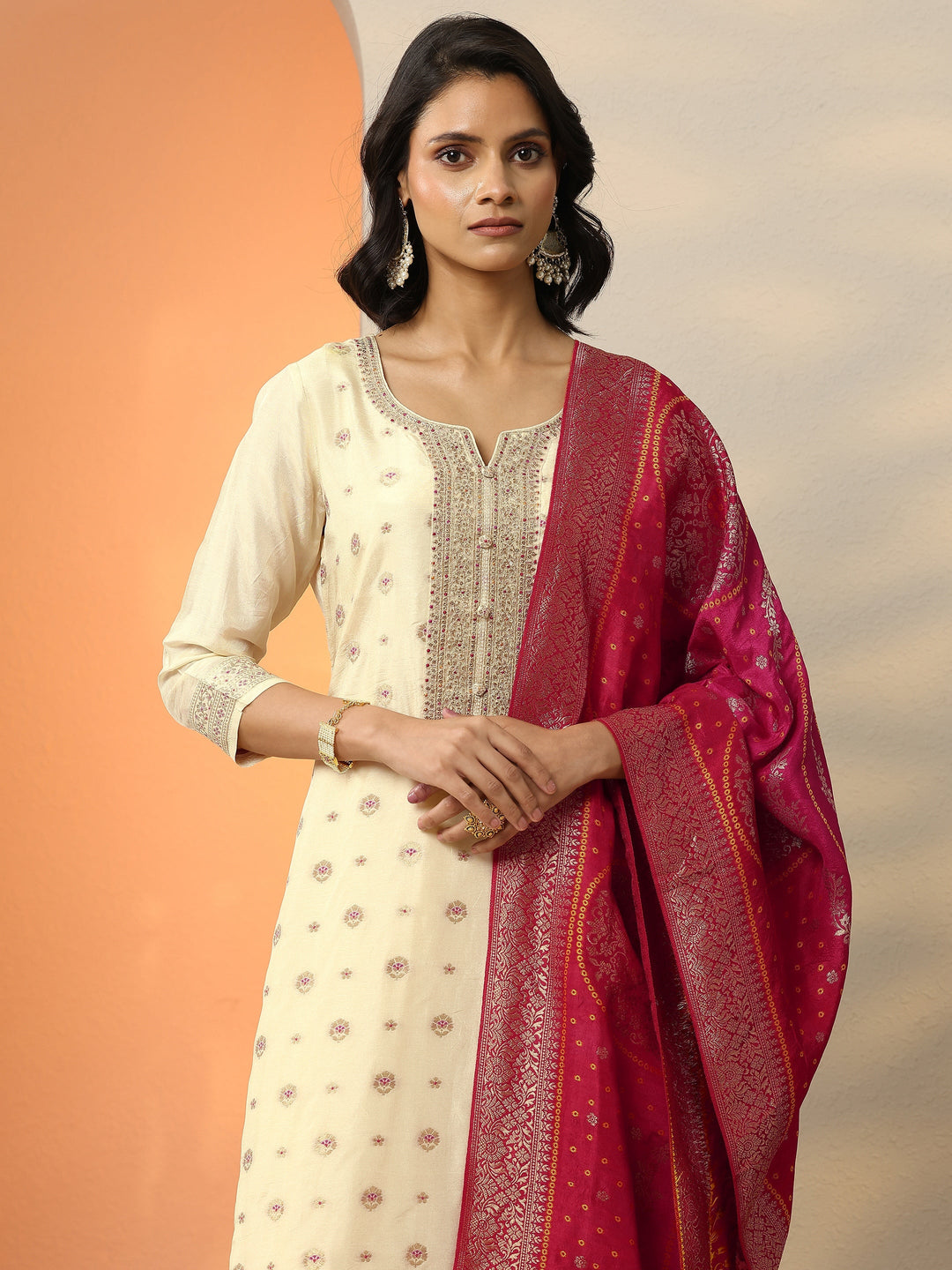 Libas Art Cream Woven Design Silk Blend Straight Suit Set With Dupatta