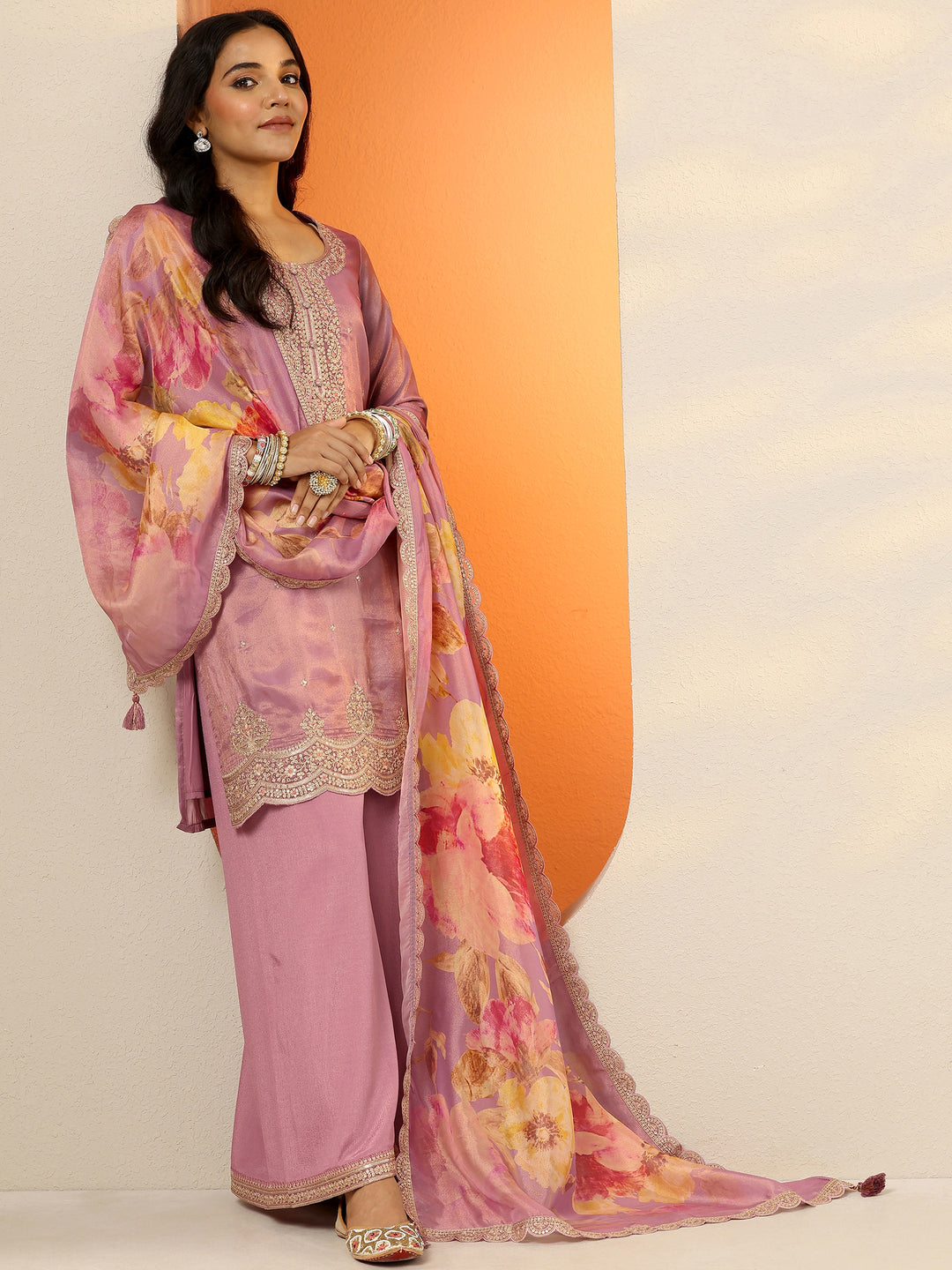 Libas Art Mauve Embroidered Silk Blend Straight Suit Set With Dupatta