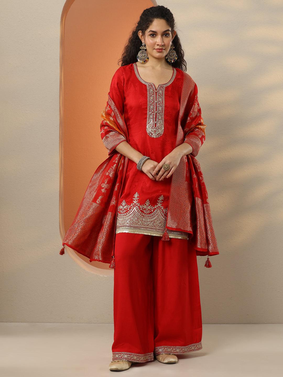 Libas Art Red Embroidered Silk Blend Straight Suit Set With Dupatta