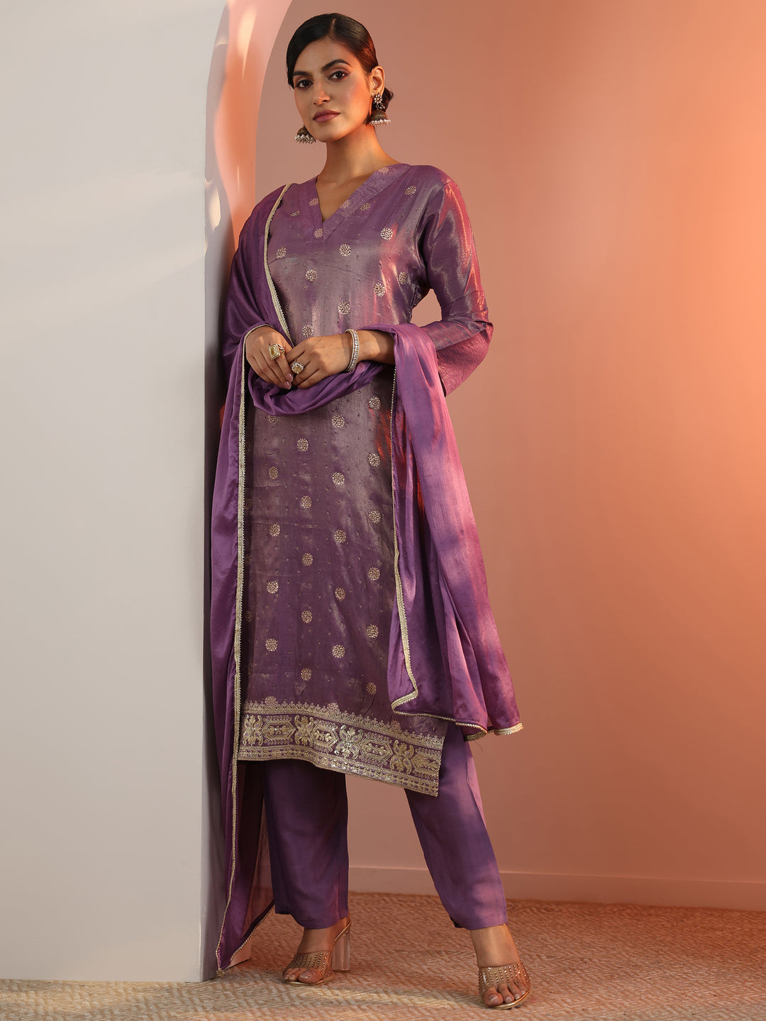Mauve Woven Design Silk Blend Straight Suit Set With Dupatta