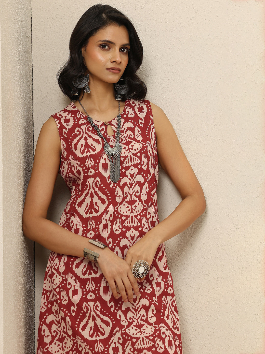 Maroon Printed Cotton Blend  A-Line Kurta Set