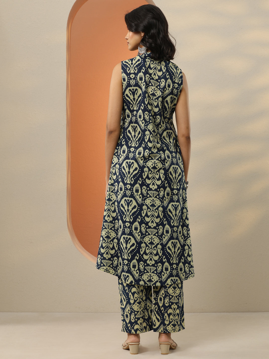 Navy Blue Printed Cotton Blend  A-Line Kurta Set