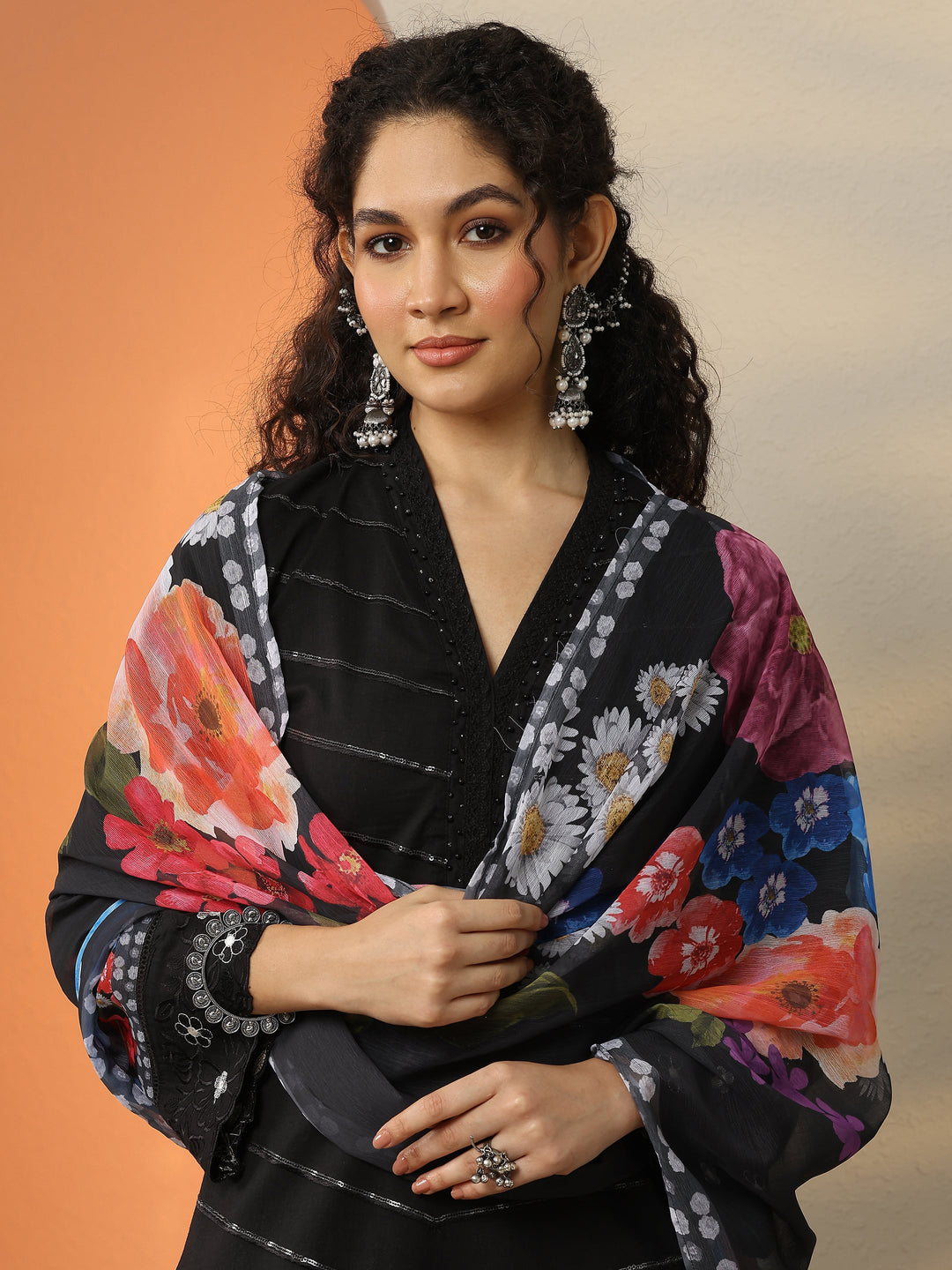 Black Embroidered Cotton Blend  Straight Suit Set With Dupatta