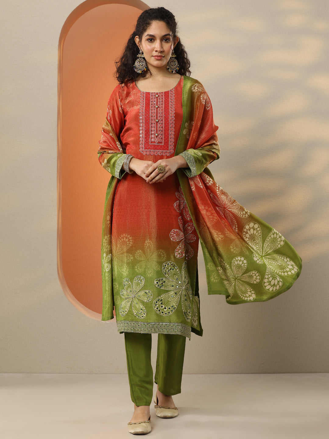 Libas Art Red Embroidered Crepe Straight Suit Set With Dupatta