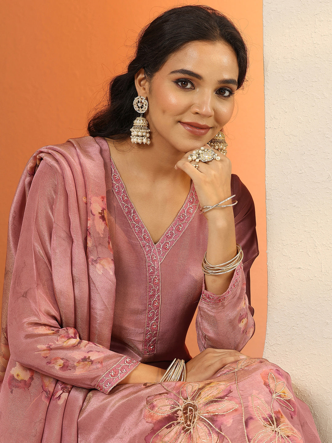 Pink Embroidered Silk Blend Straight Suit Set With Dupatta