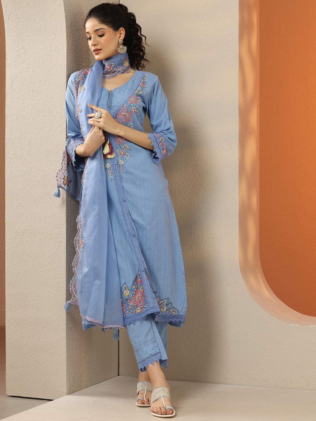 Blue Embroidered Cotton Straight Suit Set With Dupatta