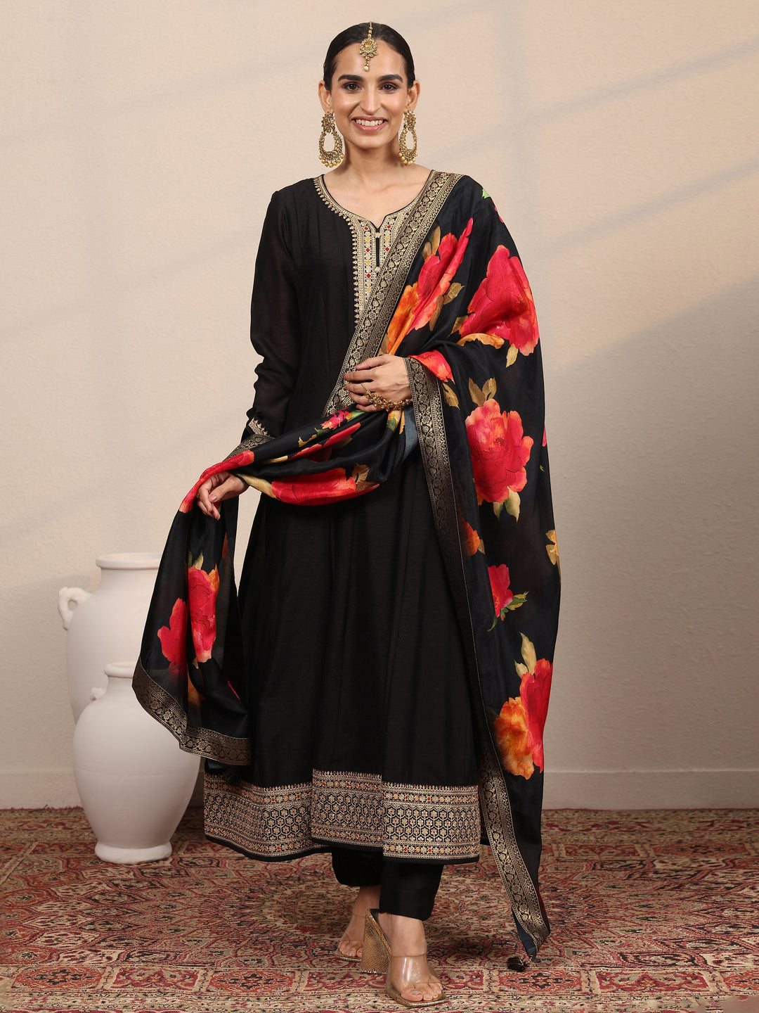 Black Yoke Design Silk Blend  Anarkali Suit Set With Dupatta
