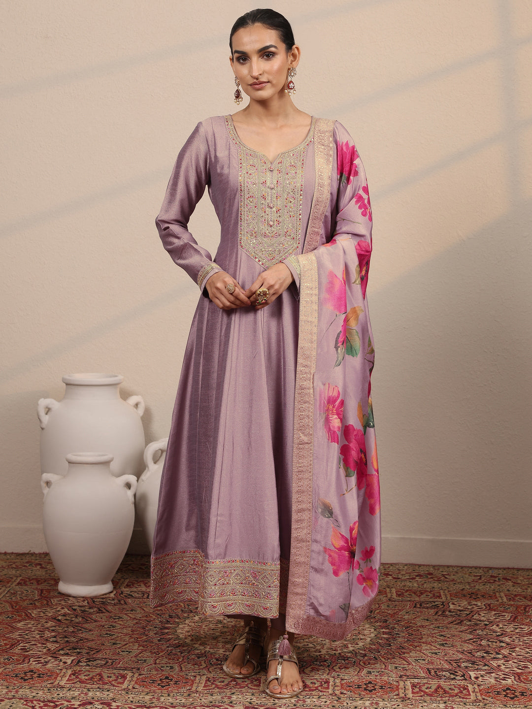 Lavender Yoke Design Silk Blend  Anarkali Suit Set With Dupatta