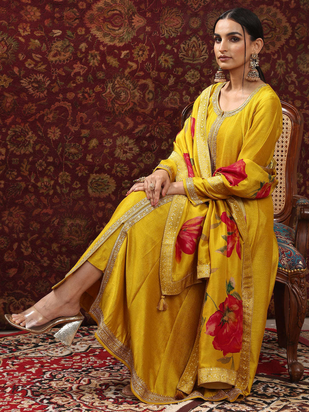 Mustard Embroidered Silk Blend  A-Line Suit Set With Dupatta