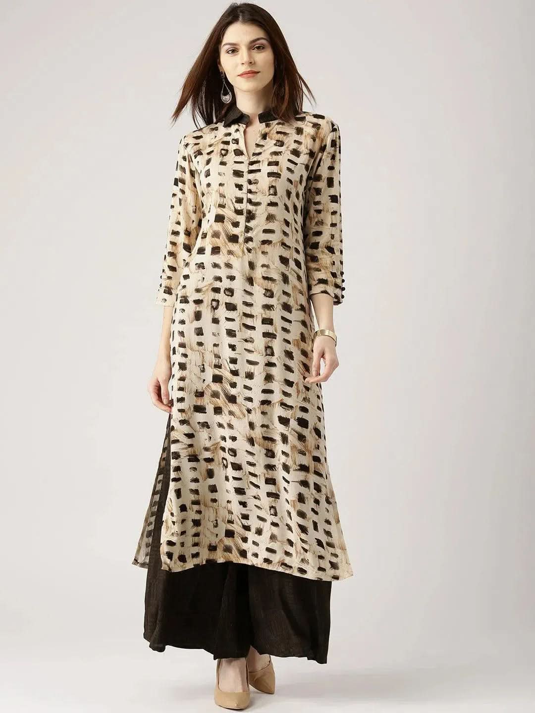 Beige Printed Rayon Straight Kurta With Palazzos - Libas