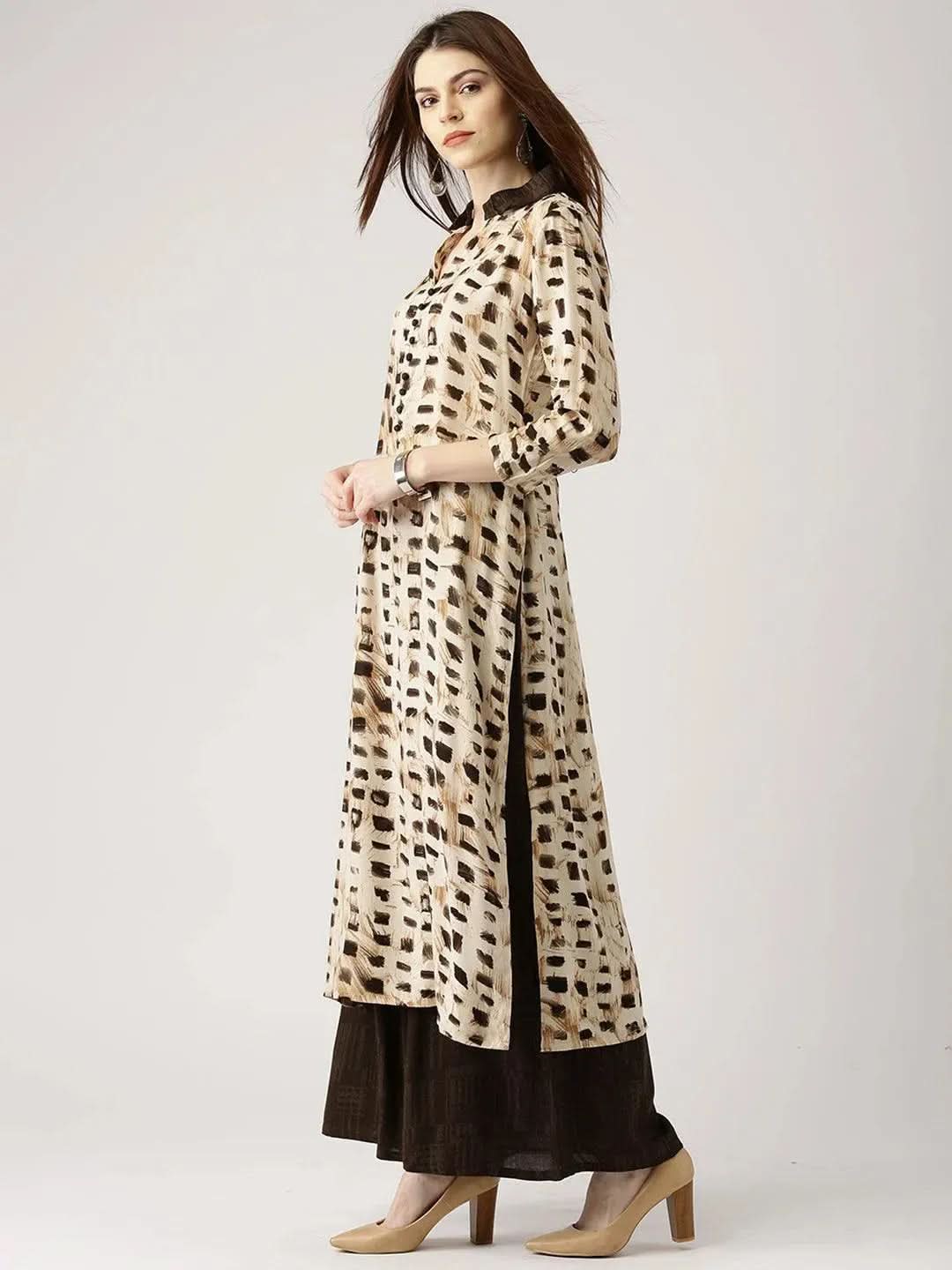 Beige Printed Rayon Straight Kurta With Palazzos - Libas