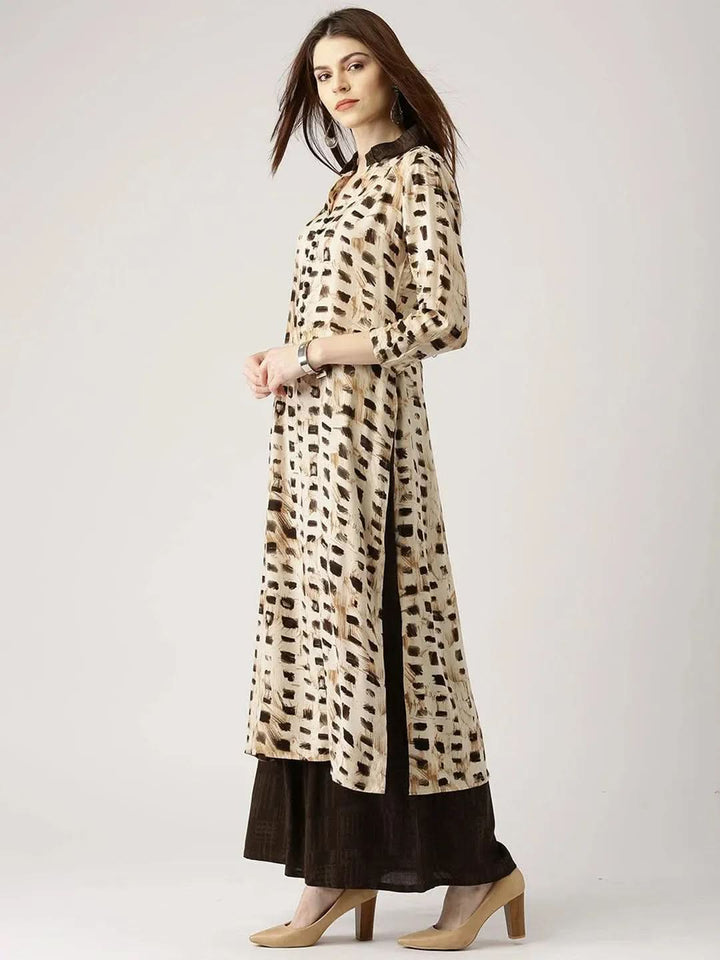 Beige Printed Rayon Straight Kurta With Palazzos - Libas