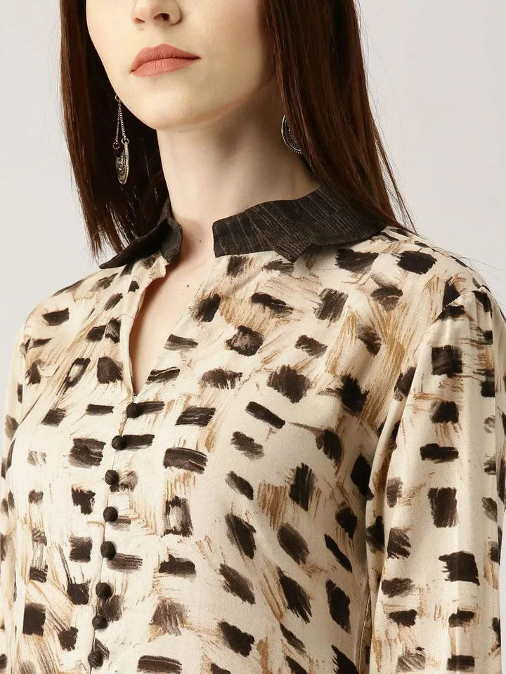 Beige Printed Rayon Straight Kurta With Palazzos - Libas