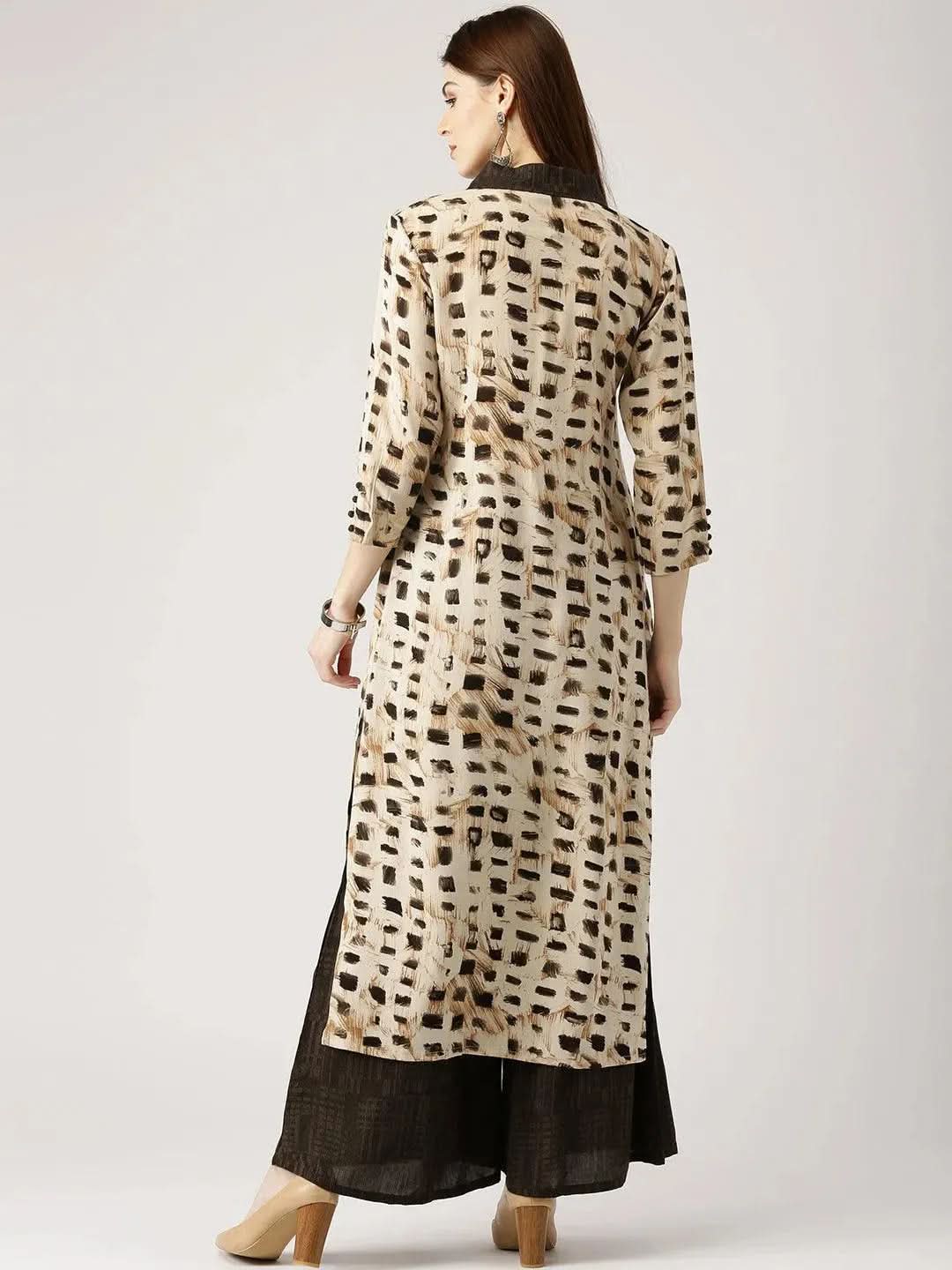 Beige Printed Rayon Straight Kurta With Palazzos - Libas