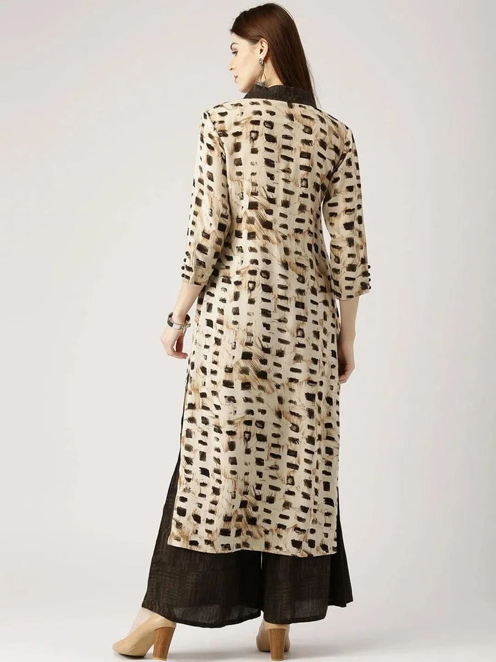 Beige Printed Rayon Straight Kurta With Palazzos - Libas