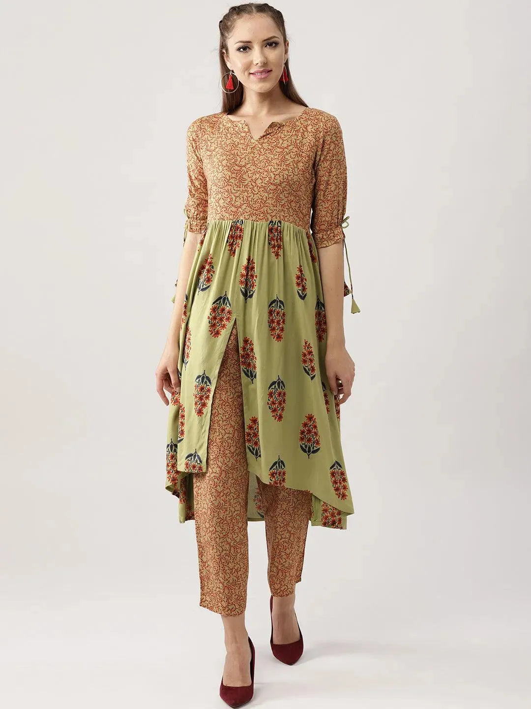 Green Printed Rayon A-Line Kurta With Palazzos - Libas