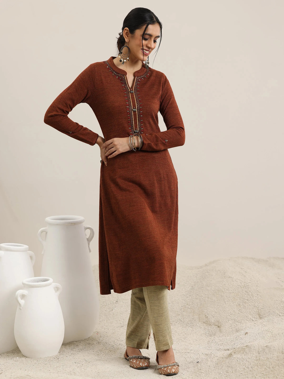 Rust Yoke Design Wool Straight Kurta