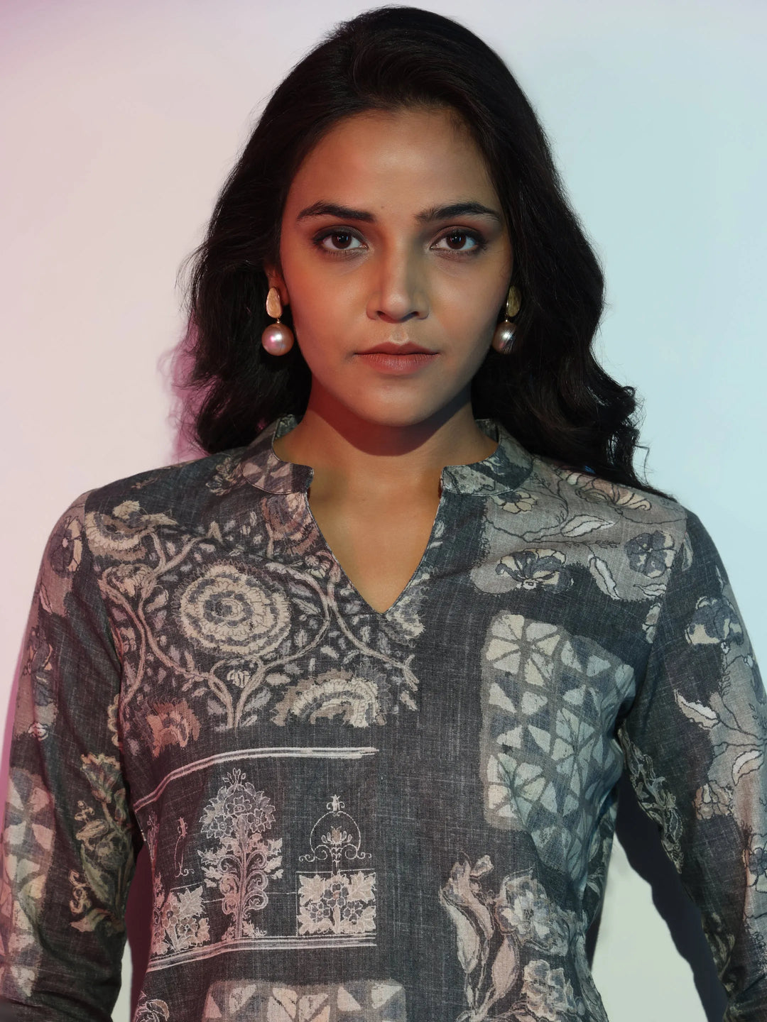 Grey Printed Cotton Blend Straight Kurti