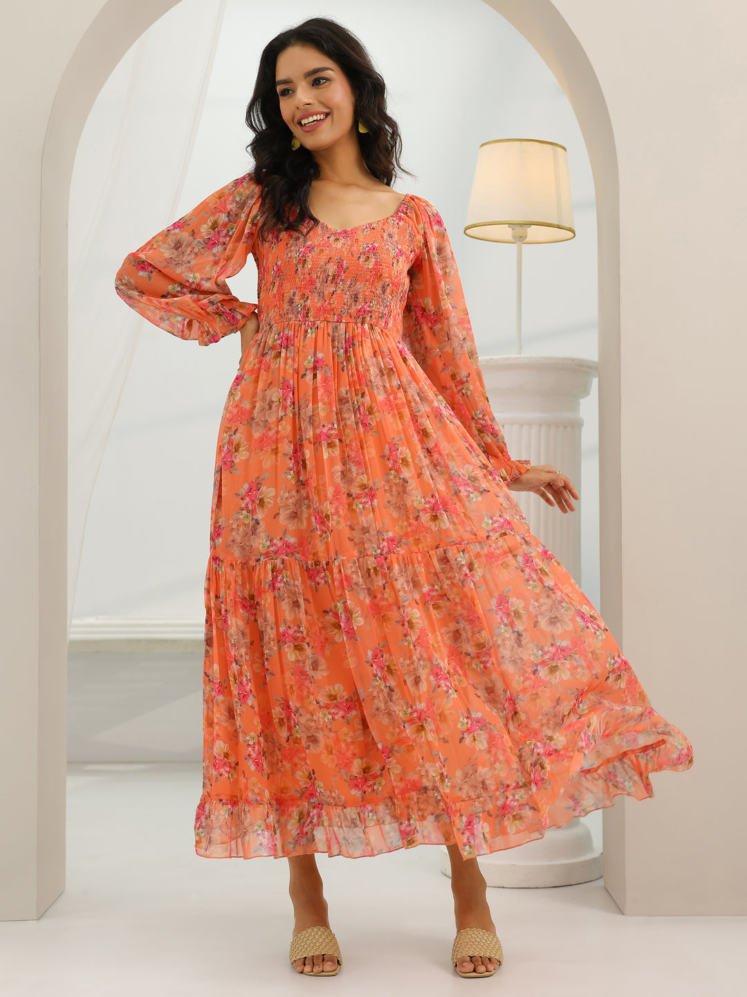 Orange Printed Chiffon Fit And Flare One Piece Dress