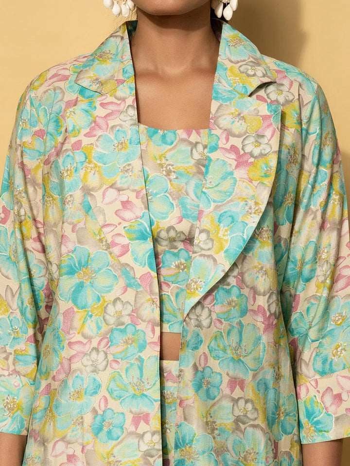 Turquoise Printed Silk Blend Co-Ords - Libas