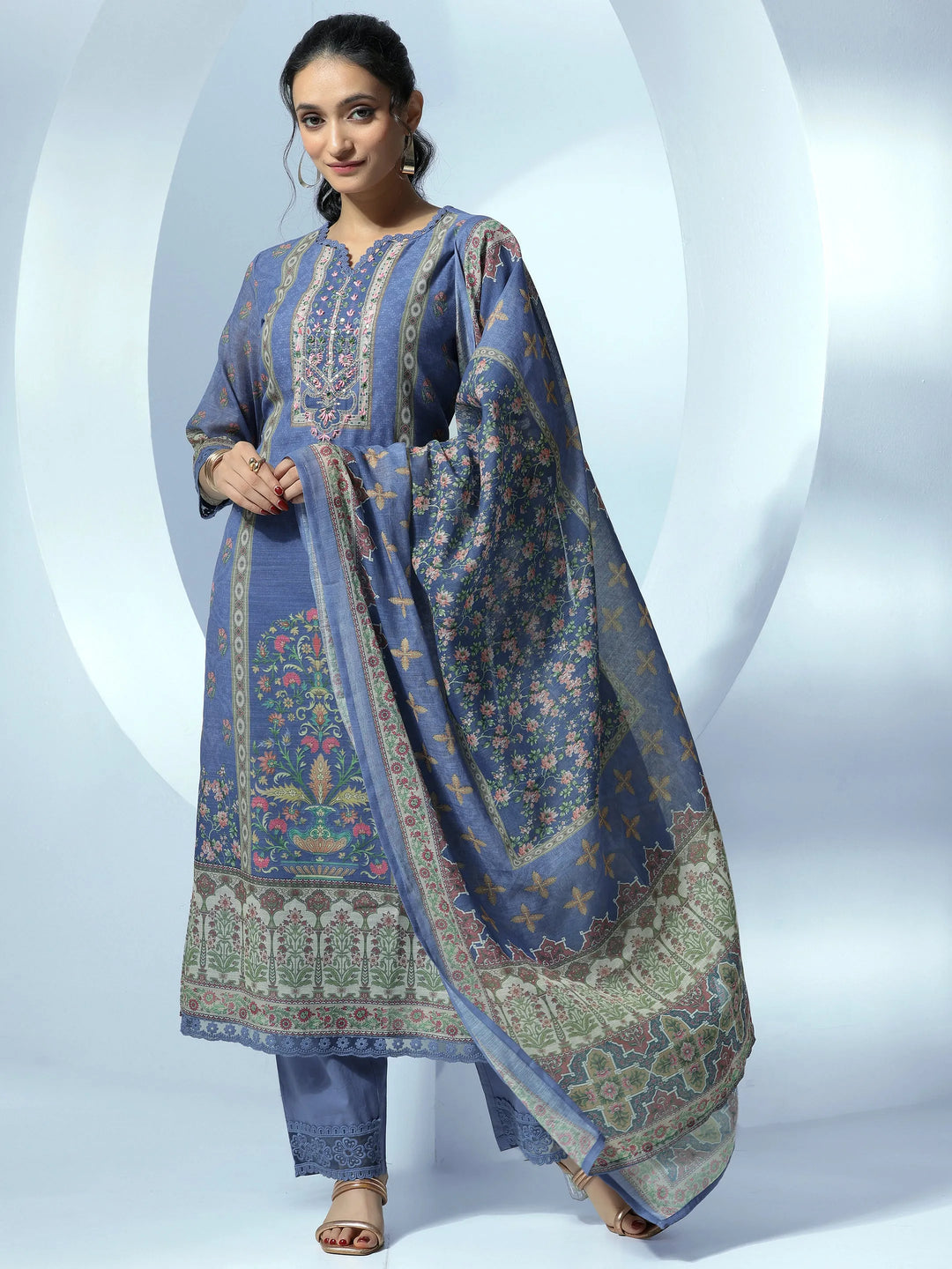 Blue Printed Cotton Blend Straight Suit With Dupatta