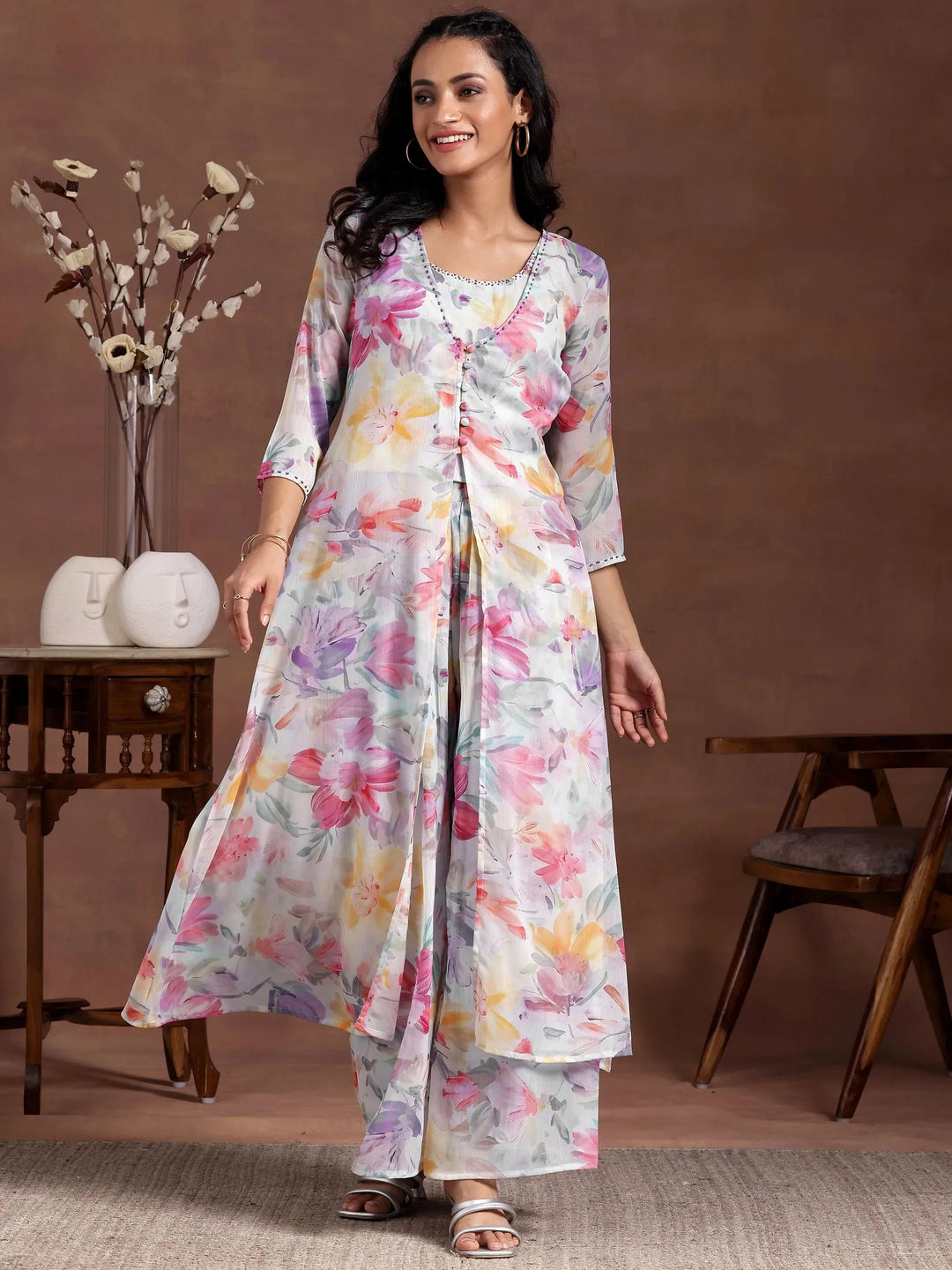 Blue Printed Chiffon 3 Piece Co-Ords