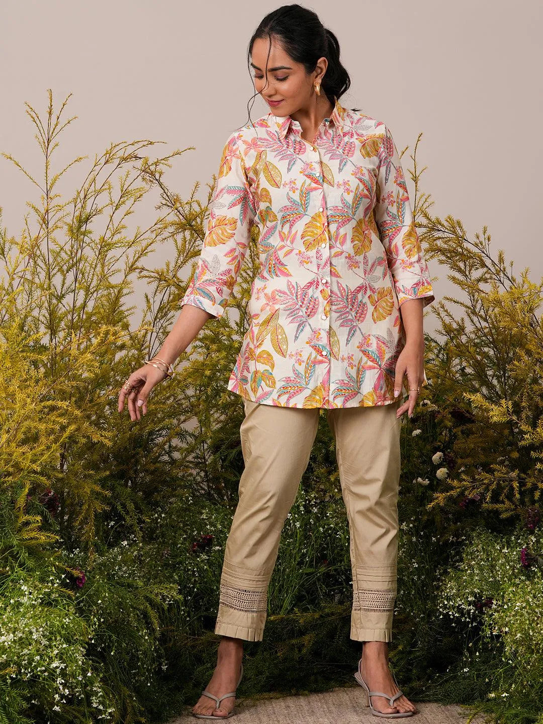 Cream Printed Silk Blend A-Line Kurti - Libas