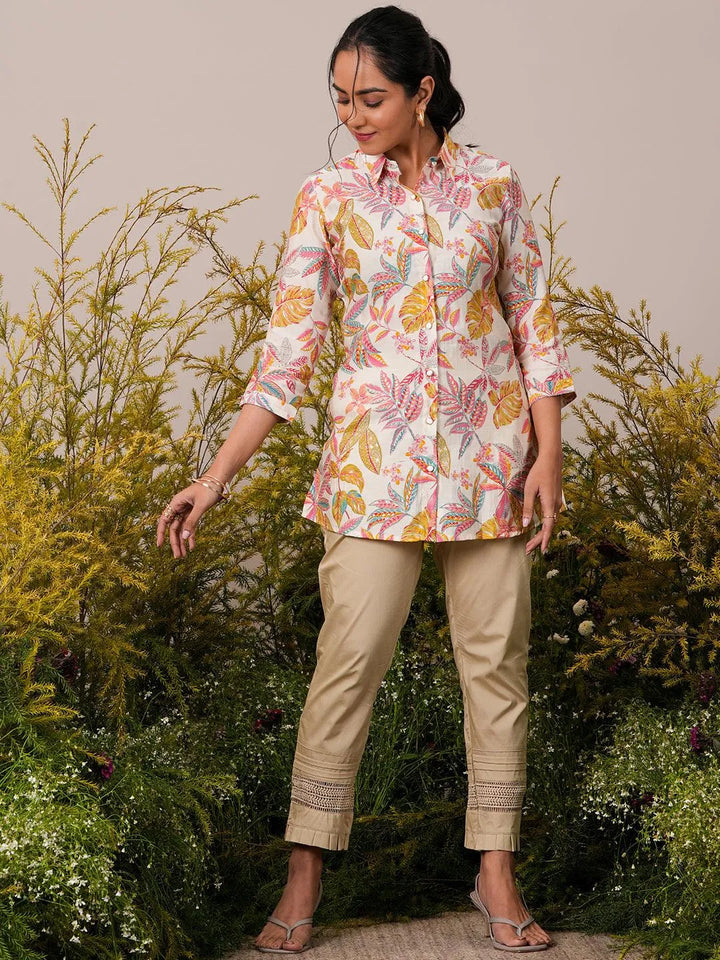 Cream Printed Silk Blend A-Line Kurti - Libas