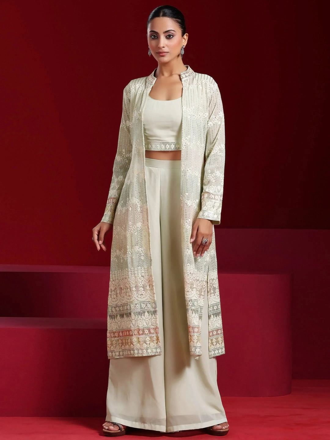 Libas Art Sea Green Solid Georgette 3 Piece Co-Ords