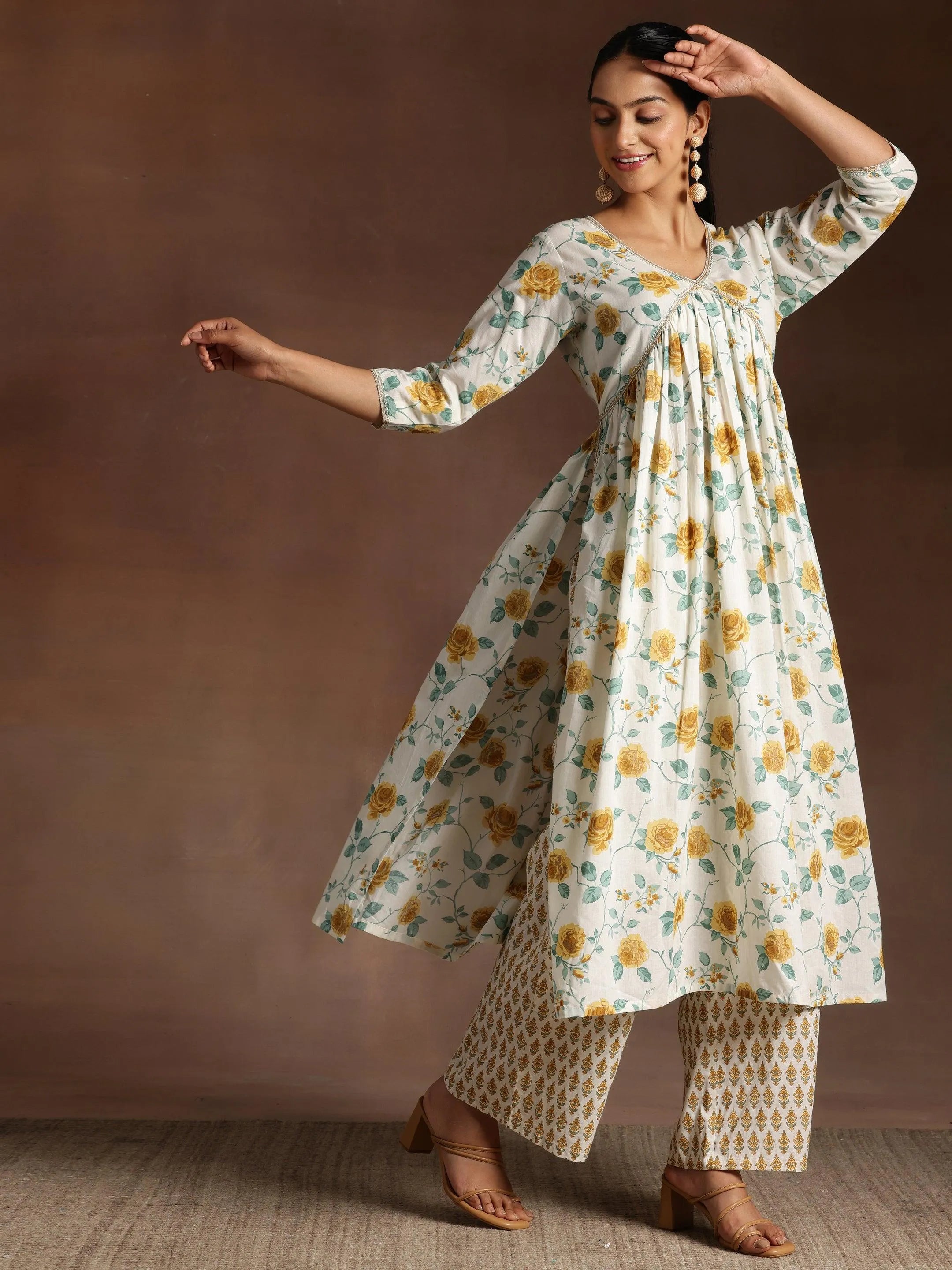 Tamannah Off white Printed Cotton A-Line Kurta With Palazzos Online at Rs.1249 | Libas