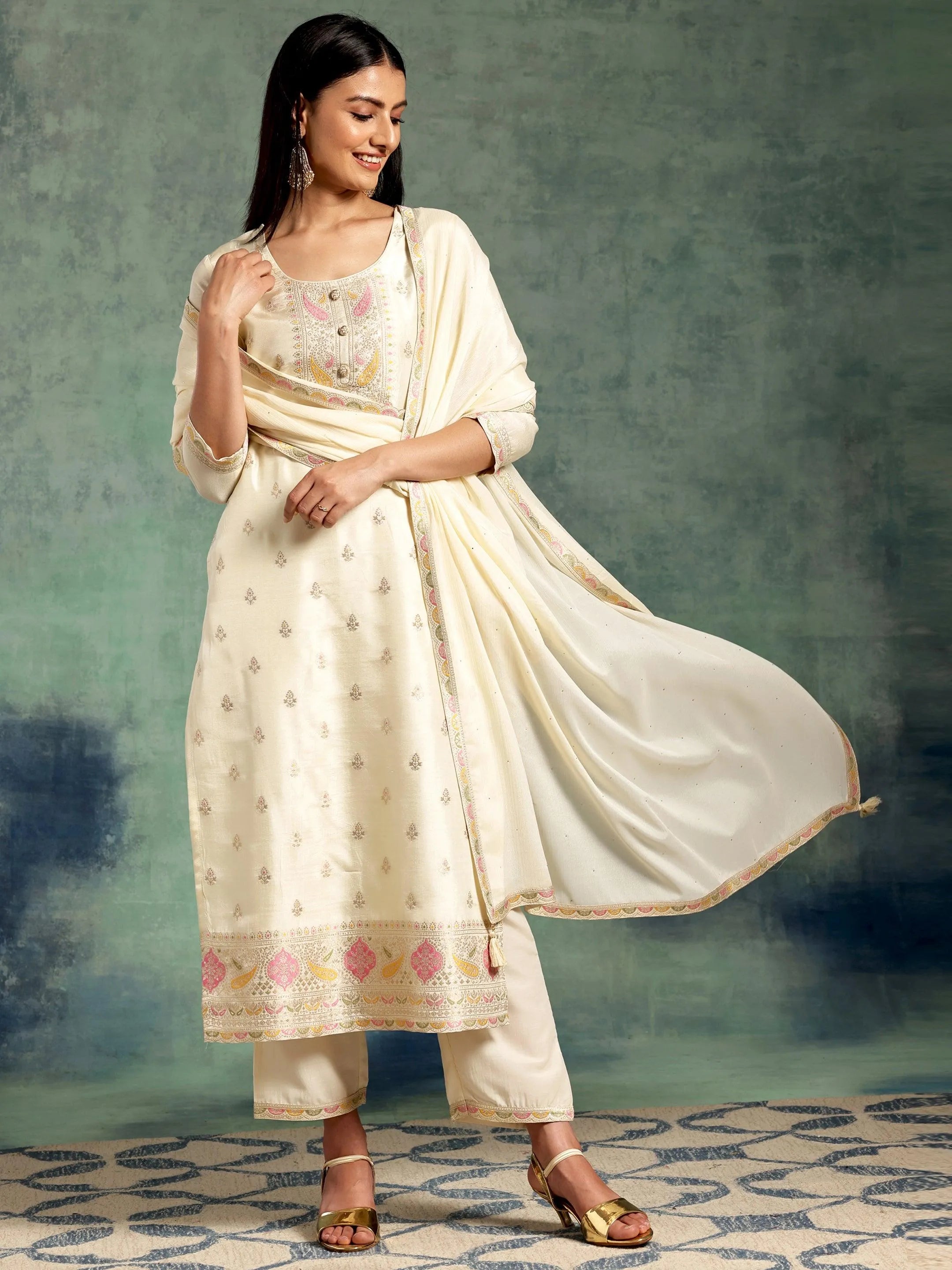 Off White Sequins Straight Kurta with Trousers and Dupatta Set