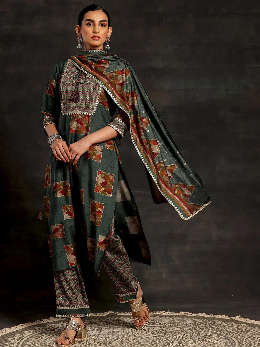 Green Printed Silk Blend Dupatta