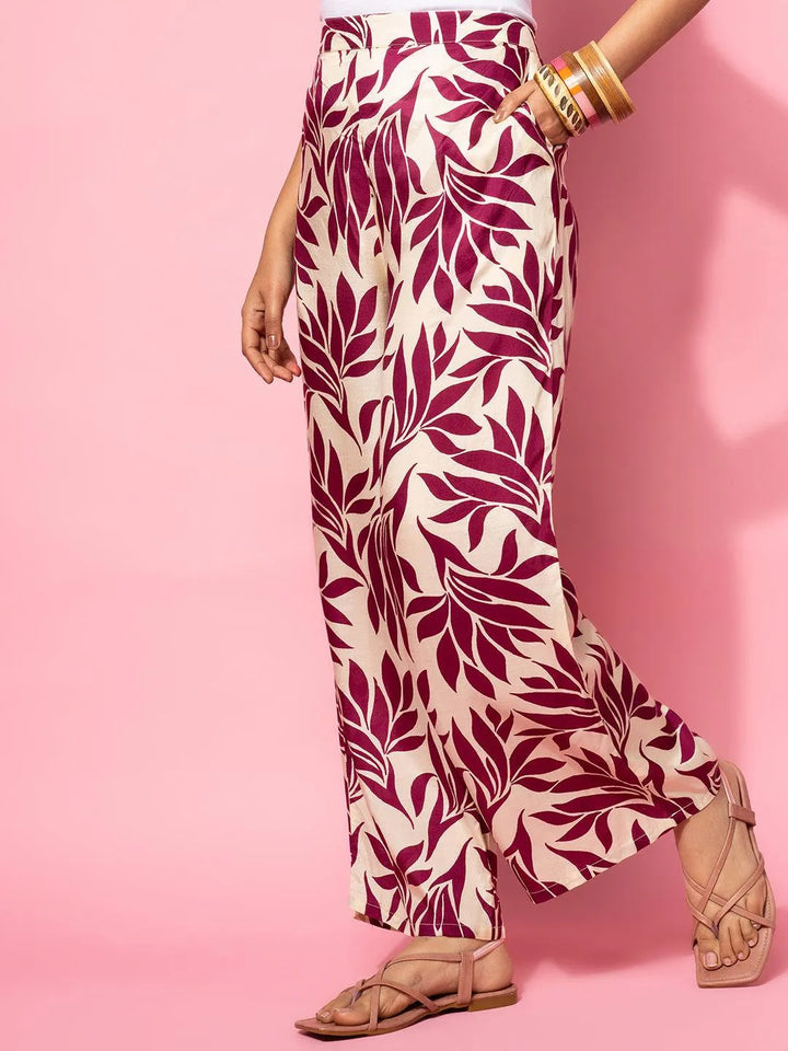 Beige Printed Silk Blend Co-Ords - Libas