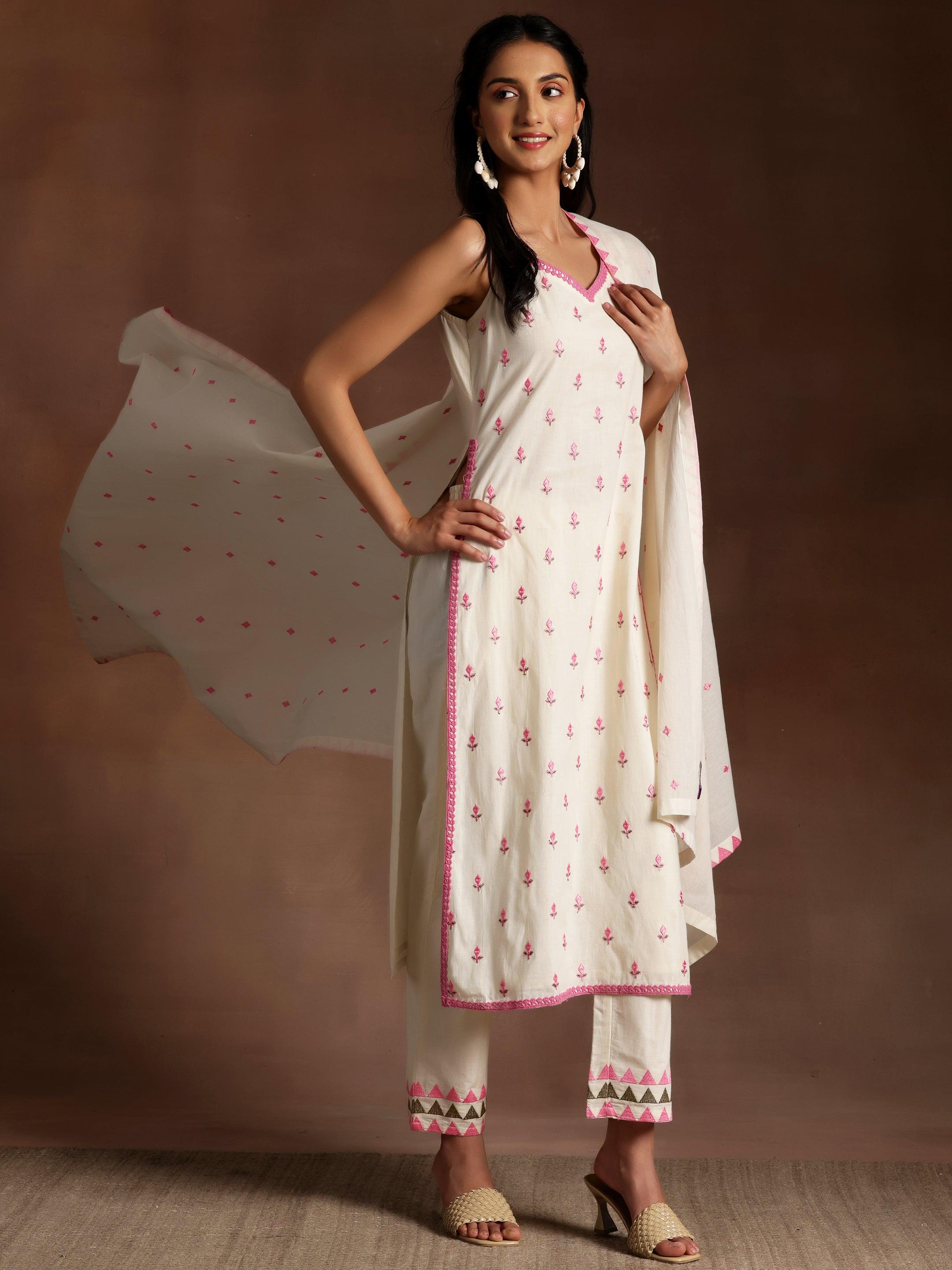 Women's Ethnic Solid Off White Straight Kurta Set with Dupatta