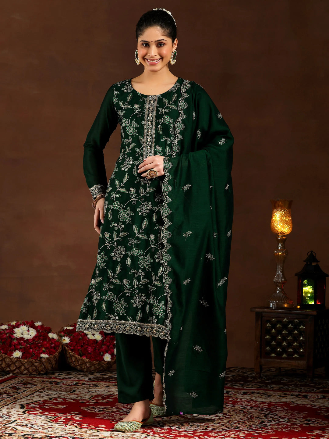 Green Embroidered Silk Blend Straight Suit With Dupatta