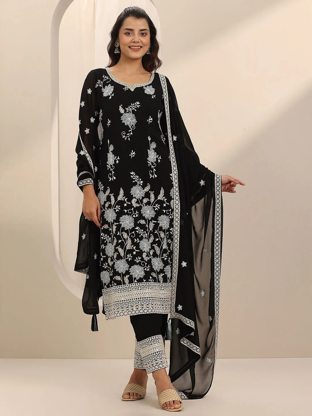 Libas Art Black Embroidered Georgette Straight Suit Set With Dupatta