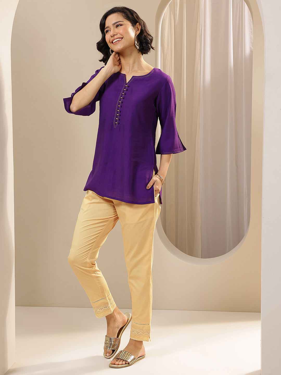 Beige Solid Cotton Trousers