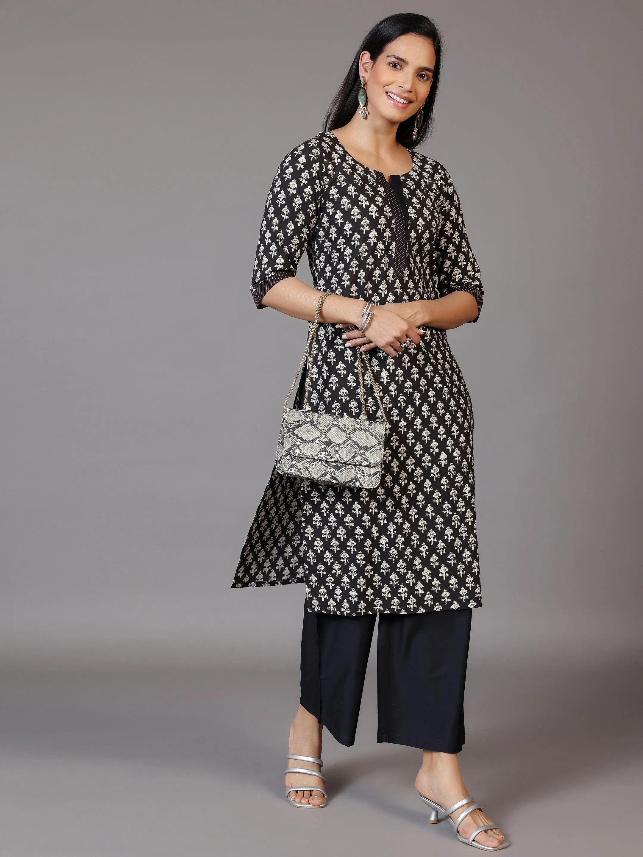 Black Printed Cotton Straight Kurta Online at Rs.769 | Libas