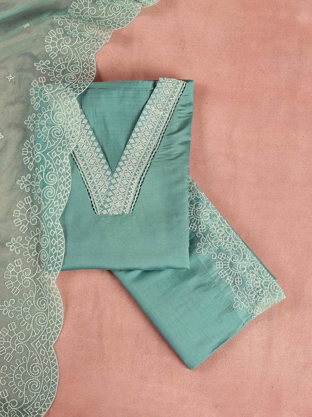 Green Embroidered Silk Blend Dress Material With Dupatta