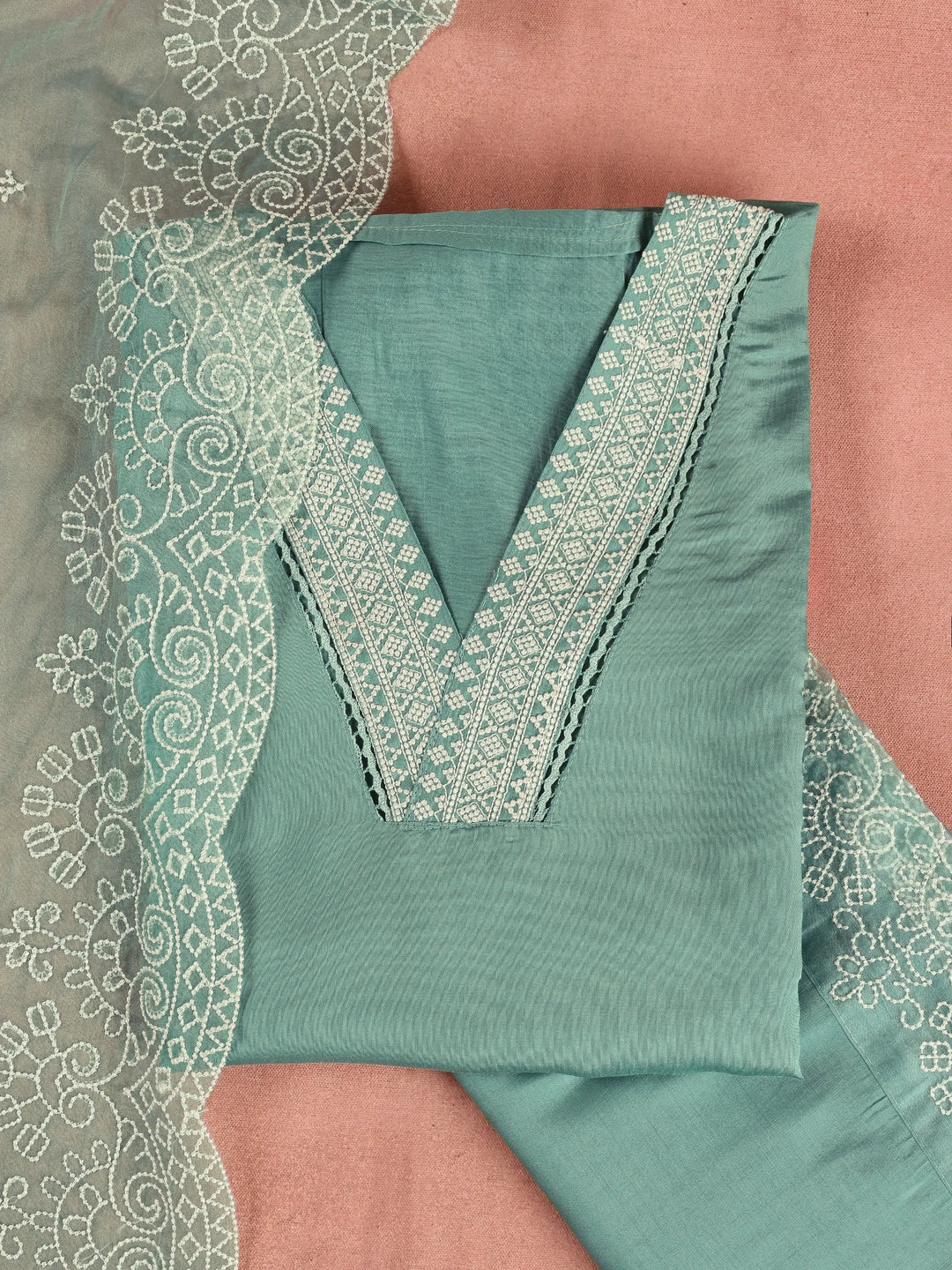 Green Embroidered Silk Blend Dress Material With Dupatta