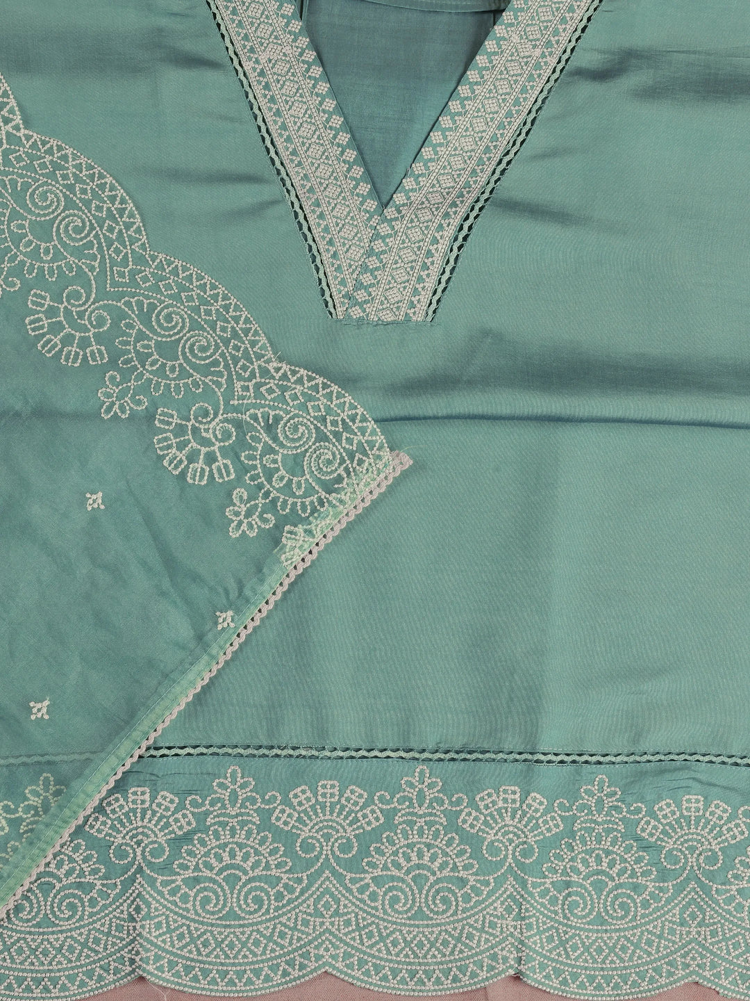 Green Embroidered Silk Blend Dress Material With Dupatta