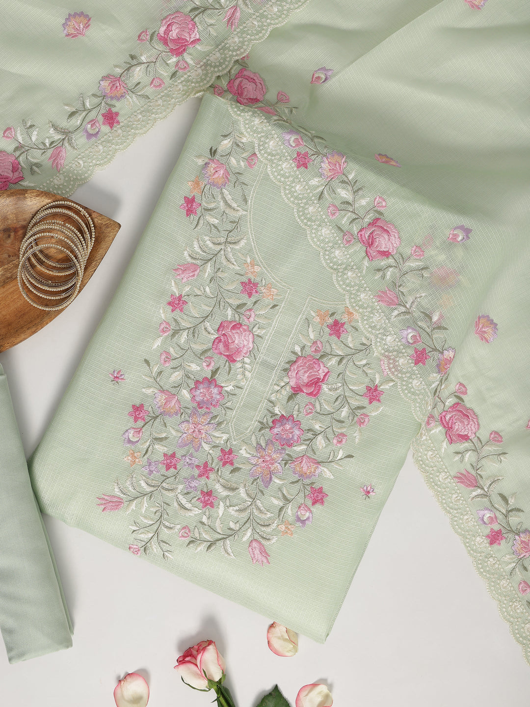 Green Embroidered Silk blend Dress Material With Dupatta